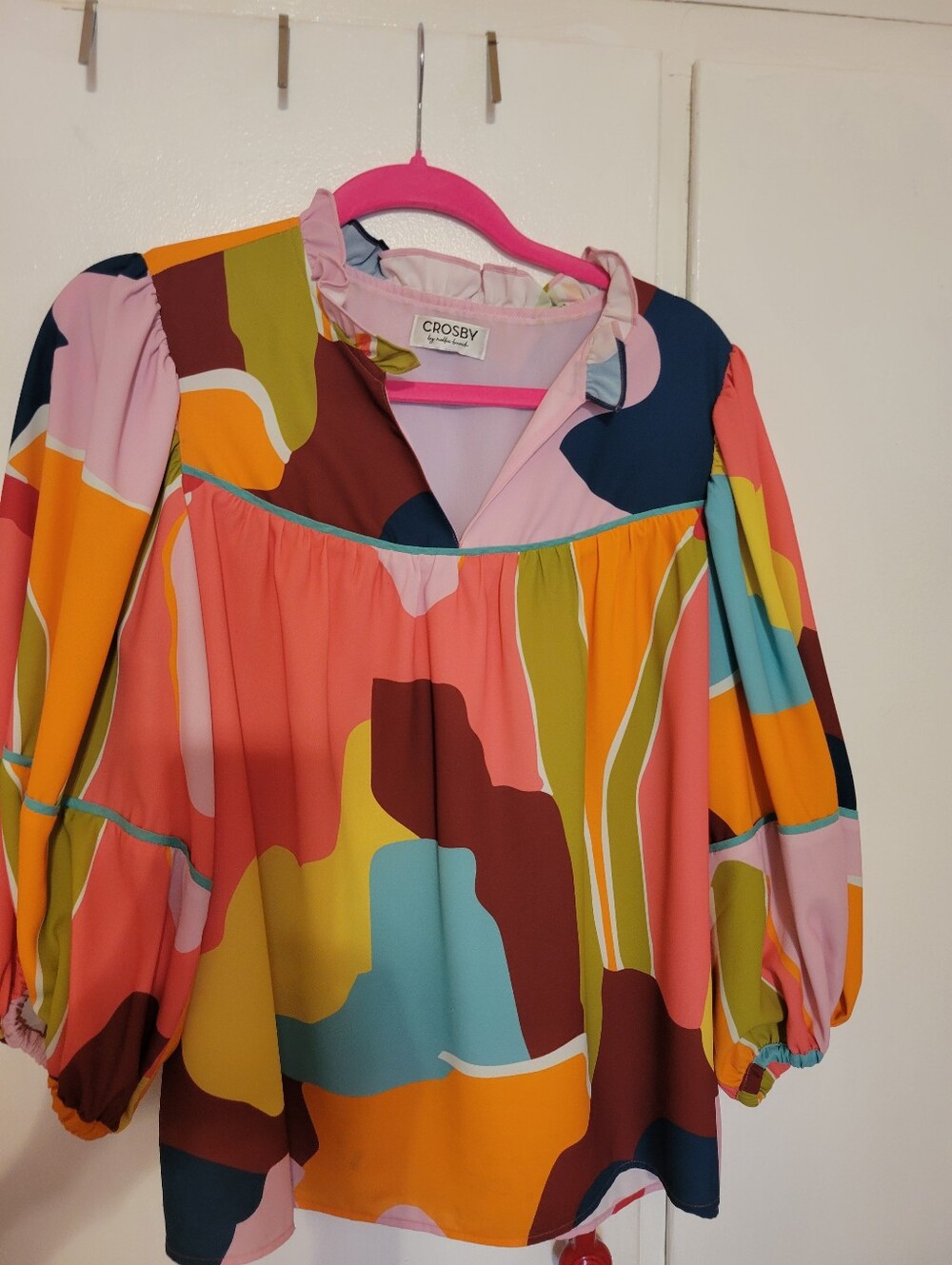 Crosby Multicolor Printed Puff-Sleeve Women's Top - Pink/Coral Mix